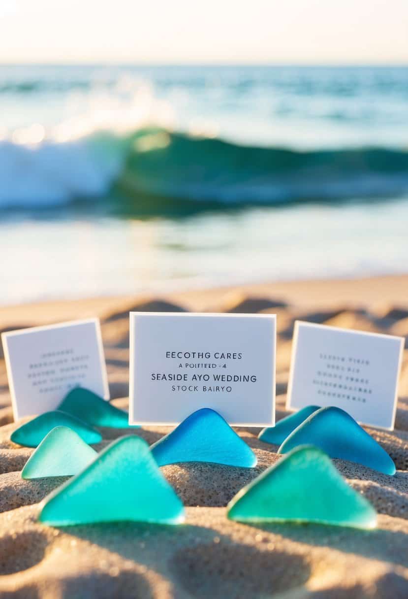 A collection of sea glass escort cards arranged on a sandy beach with gentle waves in the background, reflecting the aqua color palette of a seaside wedding