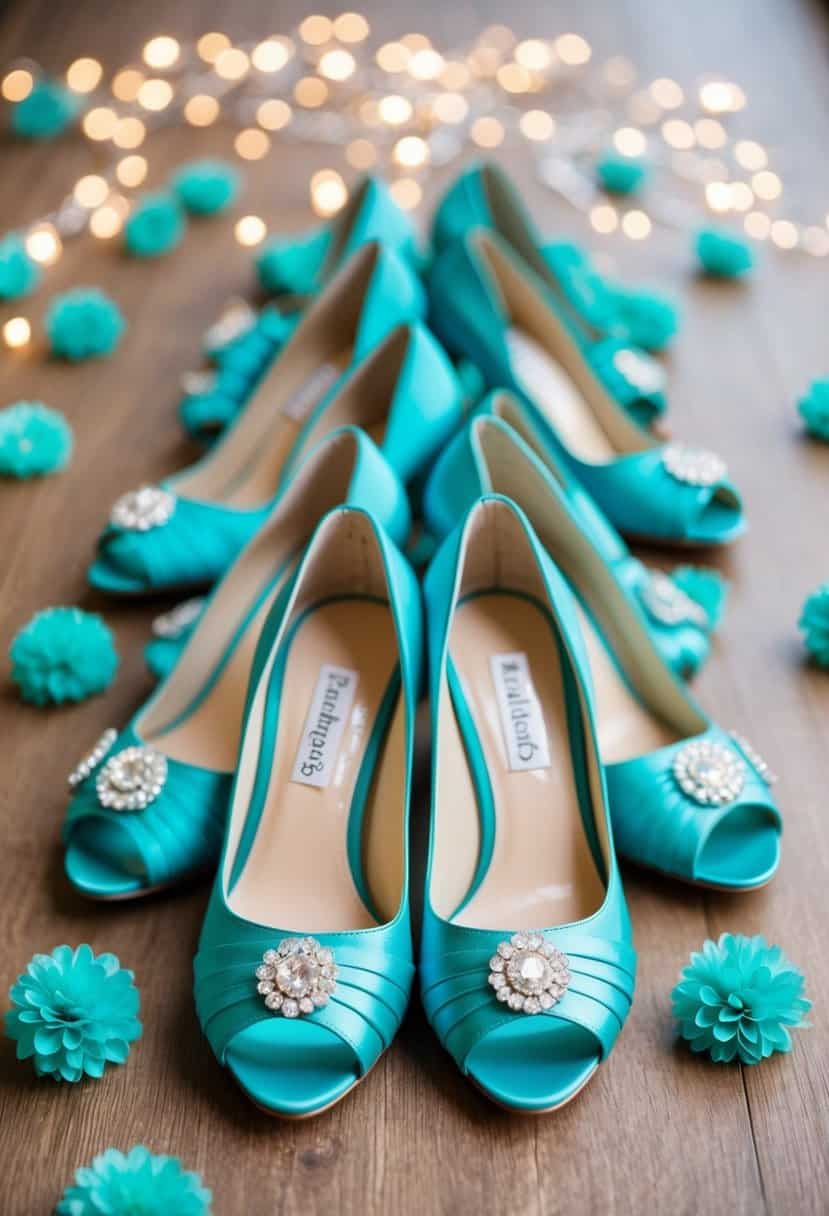 Teal bridesmaid shoes arranged with aqua wedding decor