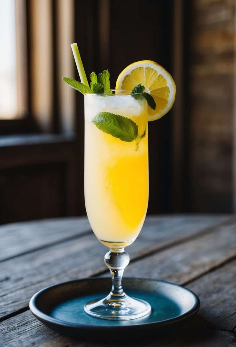 A tall, frosted glass filled with a vibrant citrus mocktail, garnished with a slice of lemon and a sprig of fresh mint, set on a rustic wooden table