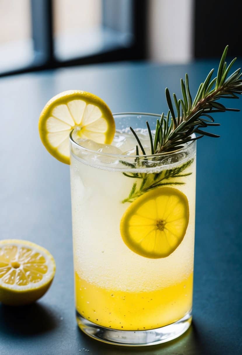 A glass filled with effervescent rosemary lemonade fizz, garnished with a sprig of fresh rosemary and a slice of lemon, sits on a table