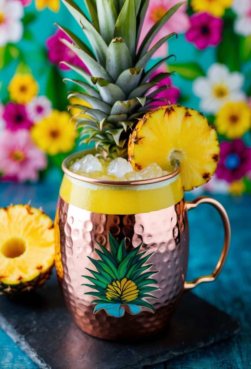 A tropical pineapple mule mocktail served in a decorative copper mug with a pineapple slice garnish and a colorful floral backdrop