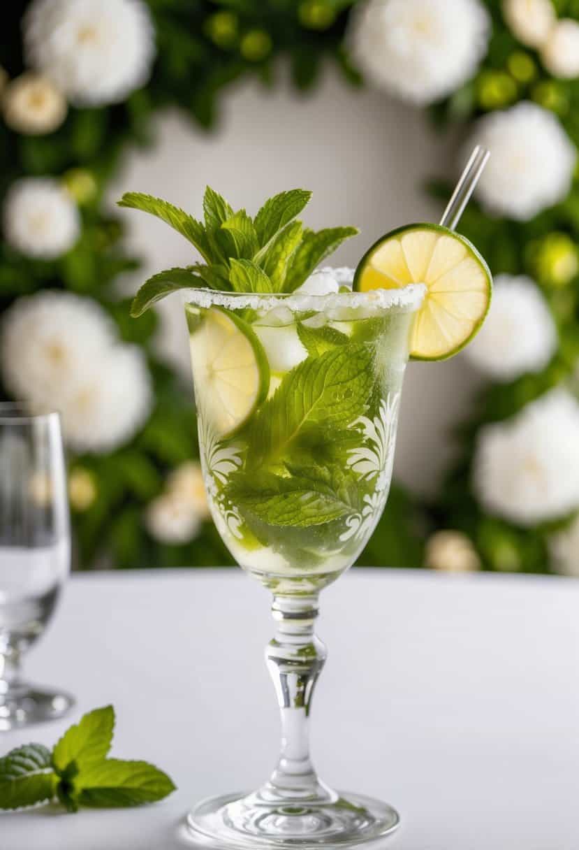 A refreshing virgin mojito splash in a decorative glass with mint leaves and a slice of lime, set against a backdrop of elegant wedding decor