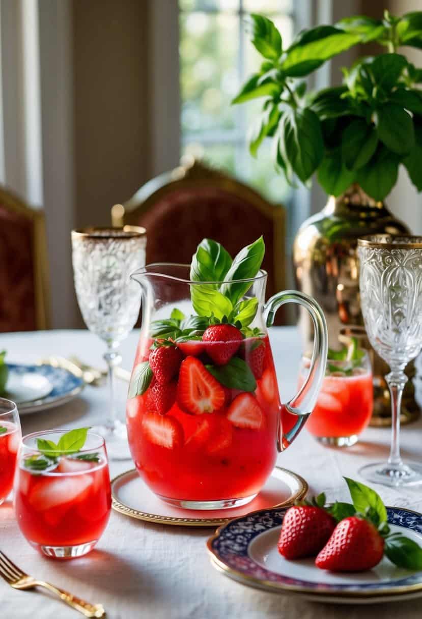 A glass pitcher filled with a vibrant red Strawberry Basil Cooler, garnished with fresh basil leaves and served with elegant glassware on a decorated table