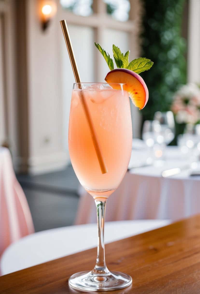 A tall, elegant glass filled with a blush-colored Peach Bellini mocktail, garnished with a slice of fresh peach and a sprig of mint, set against a backdrop of a romantic wedding venue