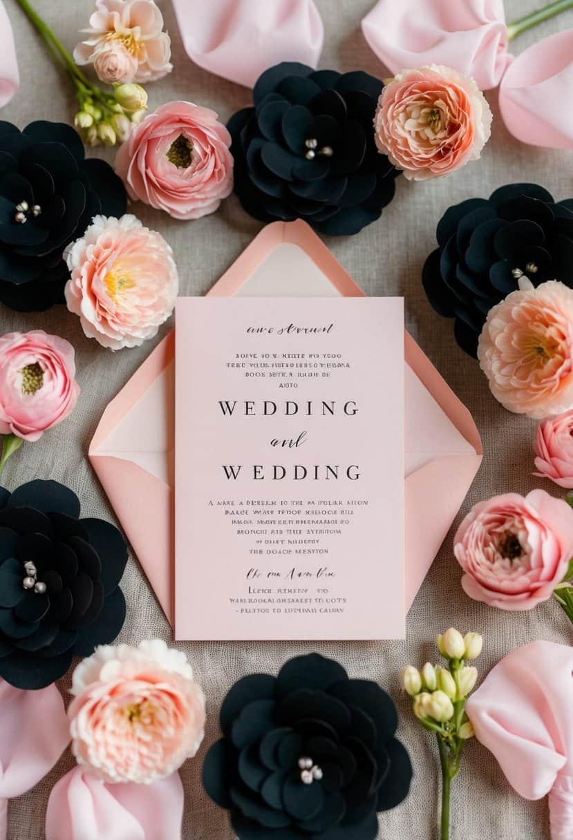 A blush pink invitation surrounded by black and light pink wedding decor