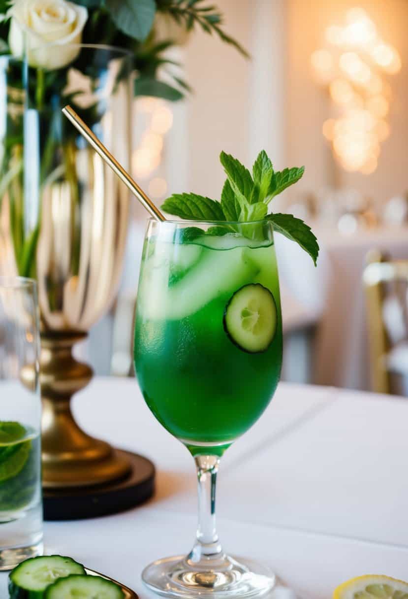 A glass filled with a refreshing green cucumber mint mocktail, garnished with a sprig of fresh mint and a slice of cucumber, set on a table with elegant wedding decor in the background