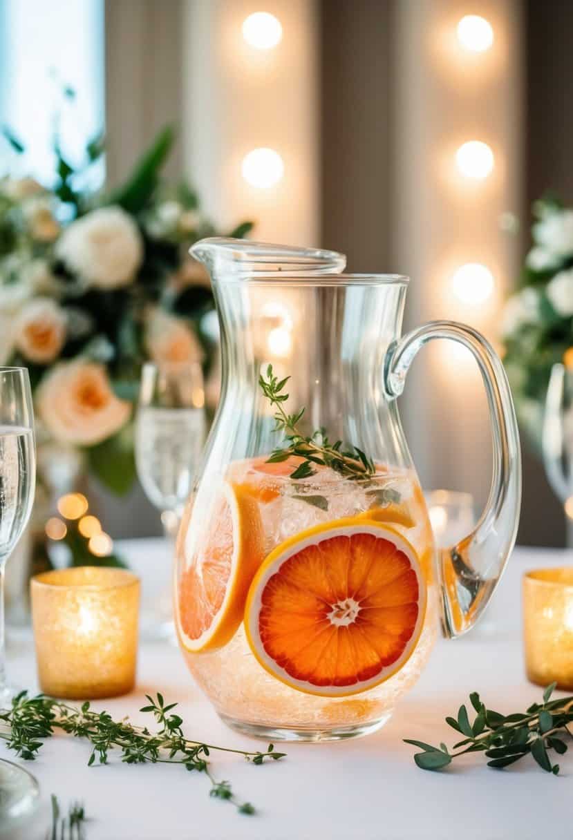 A glass pitcher filled with grapefruit slices, thyme sprigs, and sparkling water, surrounded by wedding decor and soft lighting