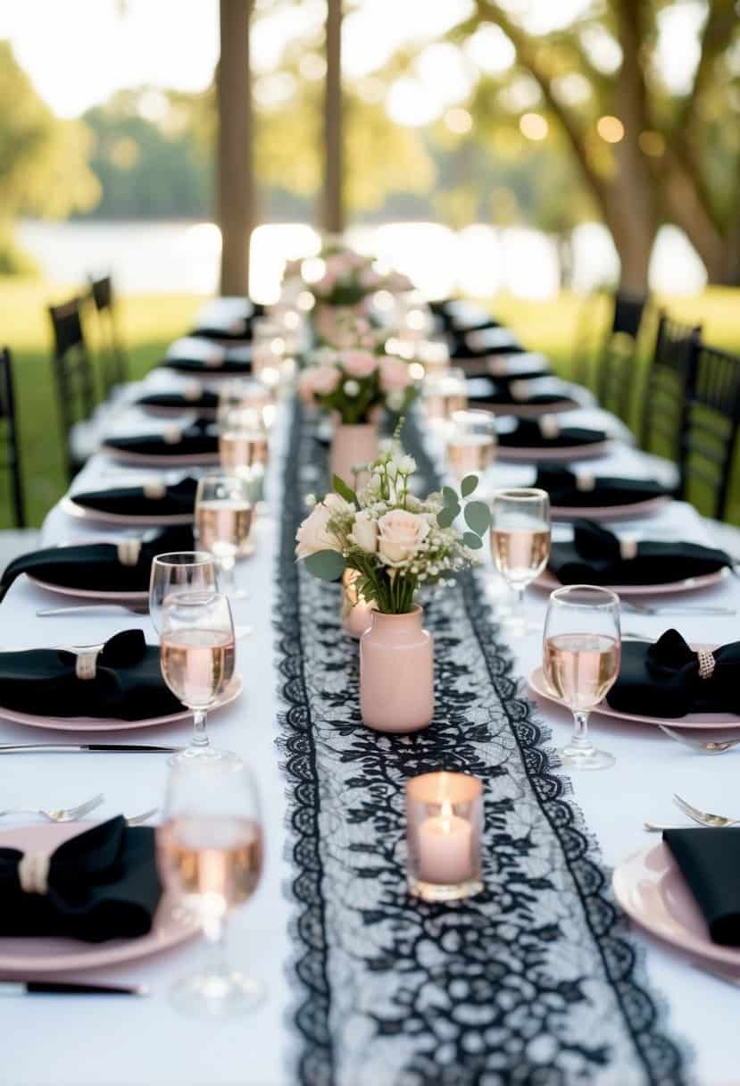 A table set with black lace runners and light pink accents for a wedding