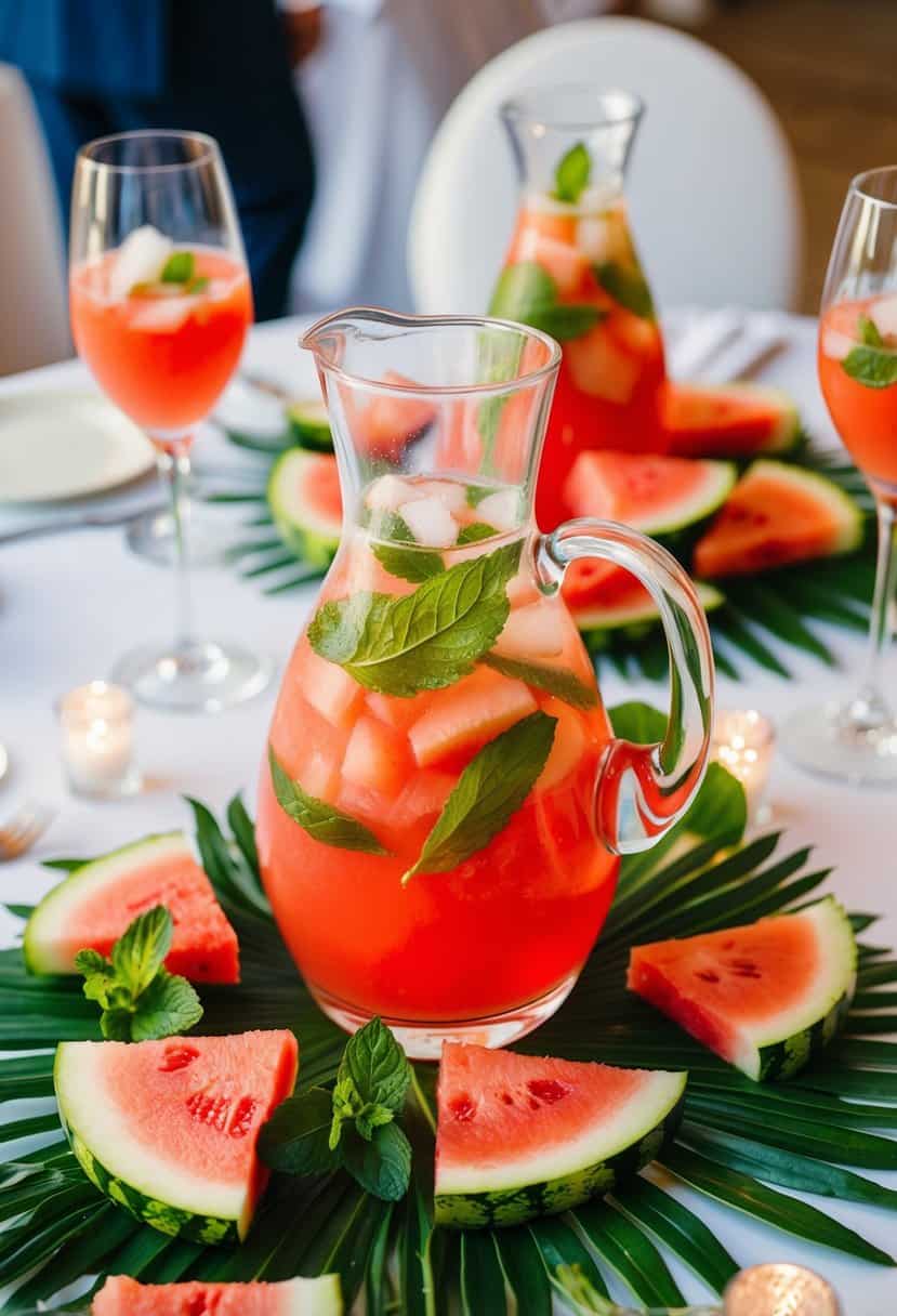 A pitcher of refreshing watermelon agua fresca surrounded by slices of fresh watermelon and mint leaves on a decorated wedding reception table