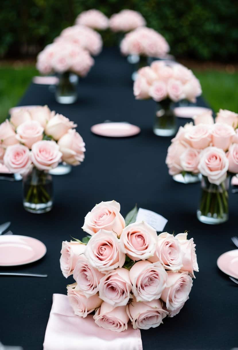 A black and light pink wedding color scheme with light pink rose bouquets arranged on a dark table