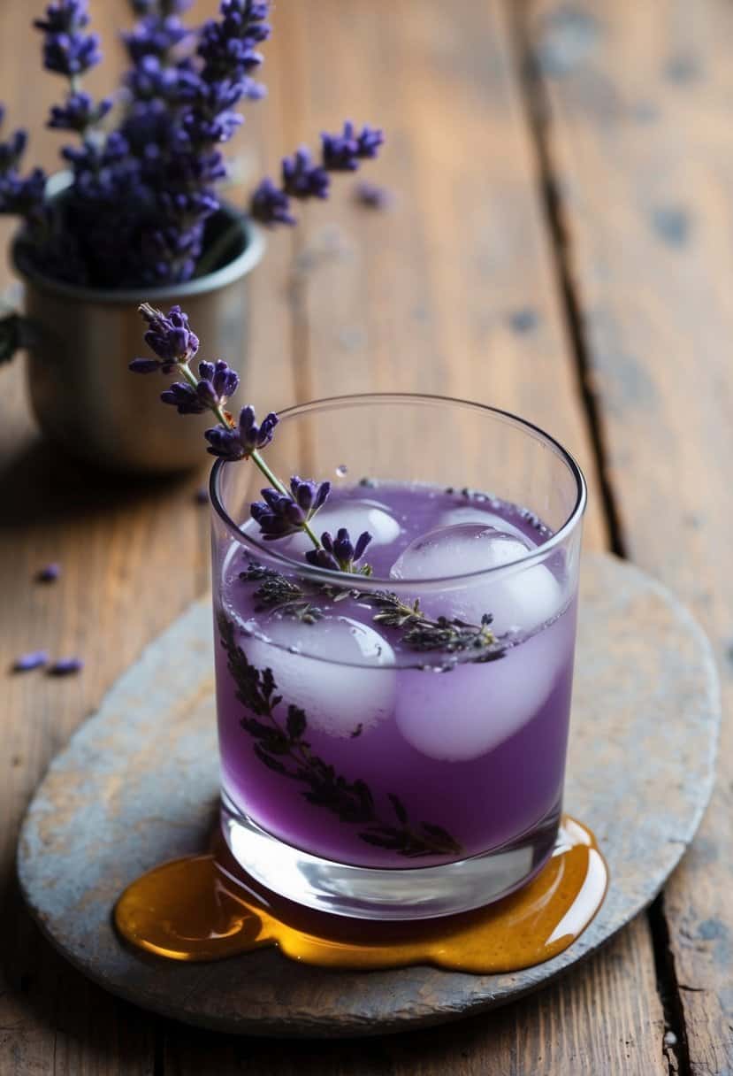 A glass filled with a lavender-colored mocktail, garnished with a sprig of fresh lavender and a drizzle of honey, placed on a rustic wooden table