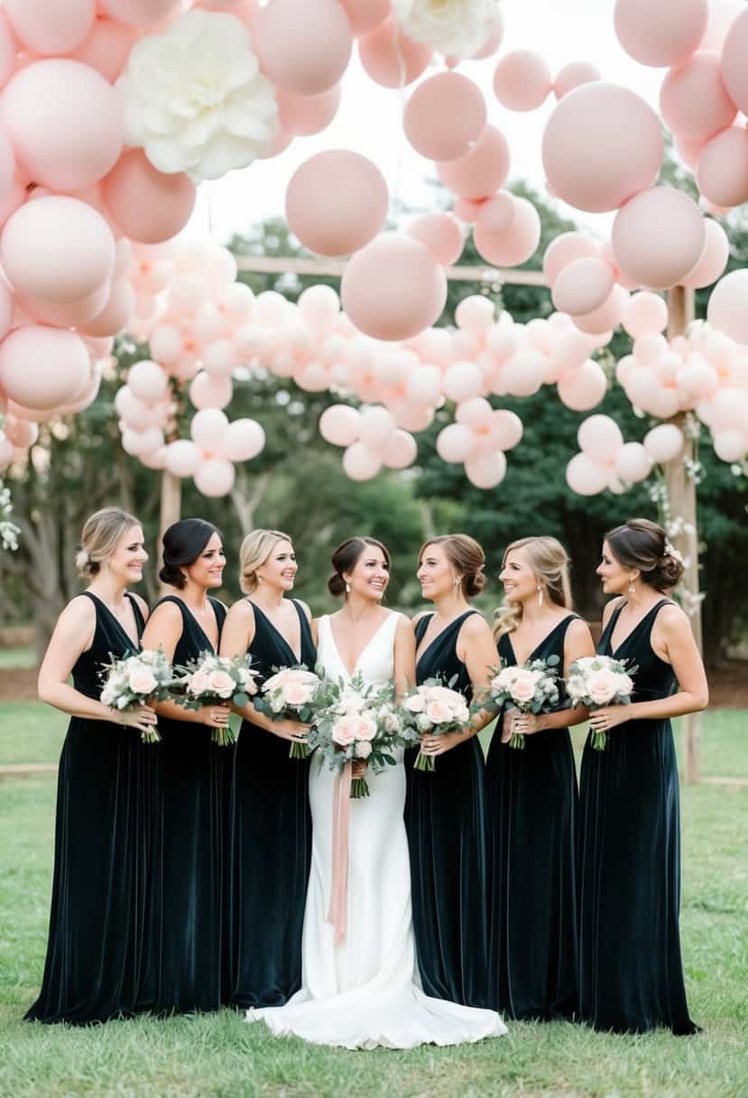 A group of black velvet bridesmaid dresses arranged with light pink wedding decor