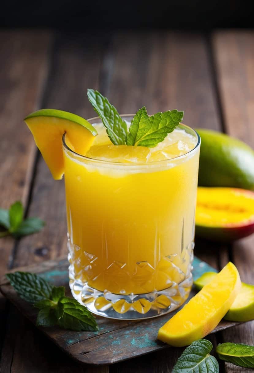 A glass filled with a vibrant yellow mango ginger mocktail, garnished with a slice of fresh mango and a sprig of mint, set on a rustic wooden table