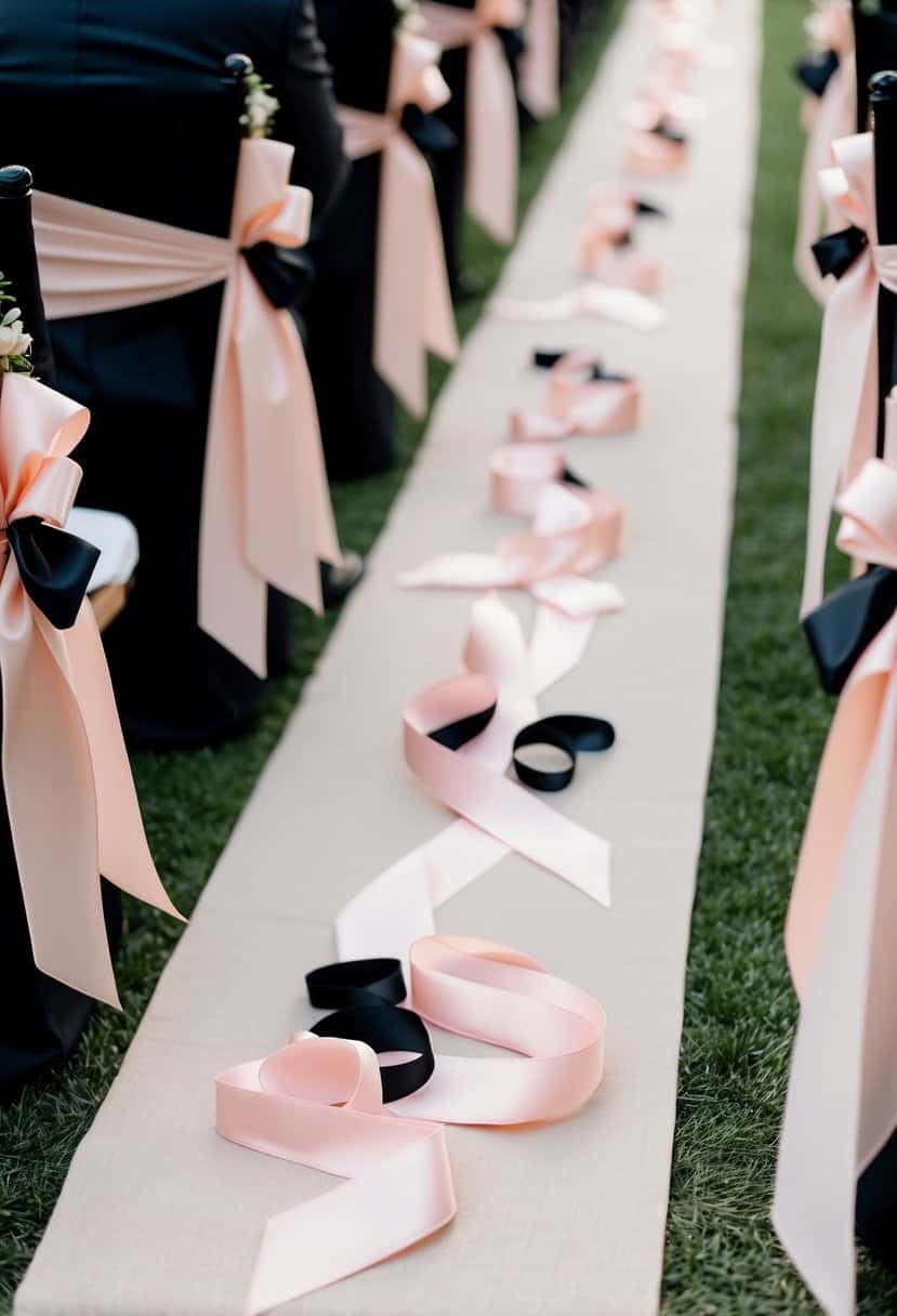 Pale pink ribbons cascade down a ceremony aisle, intertwined with black and light pink accents