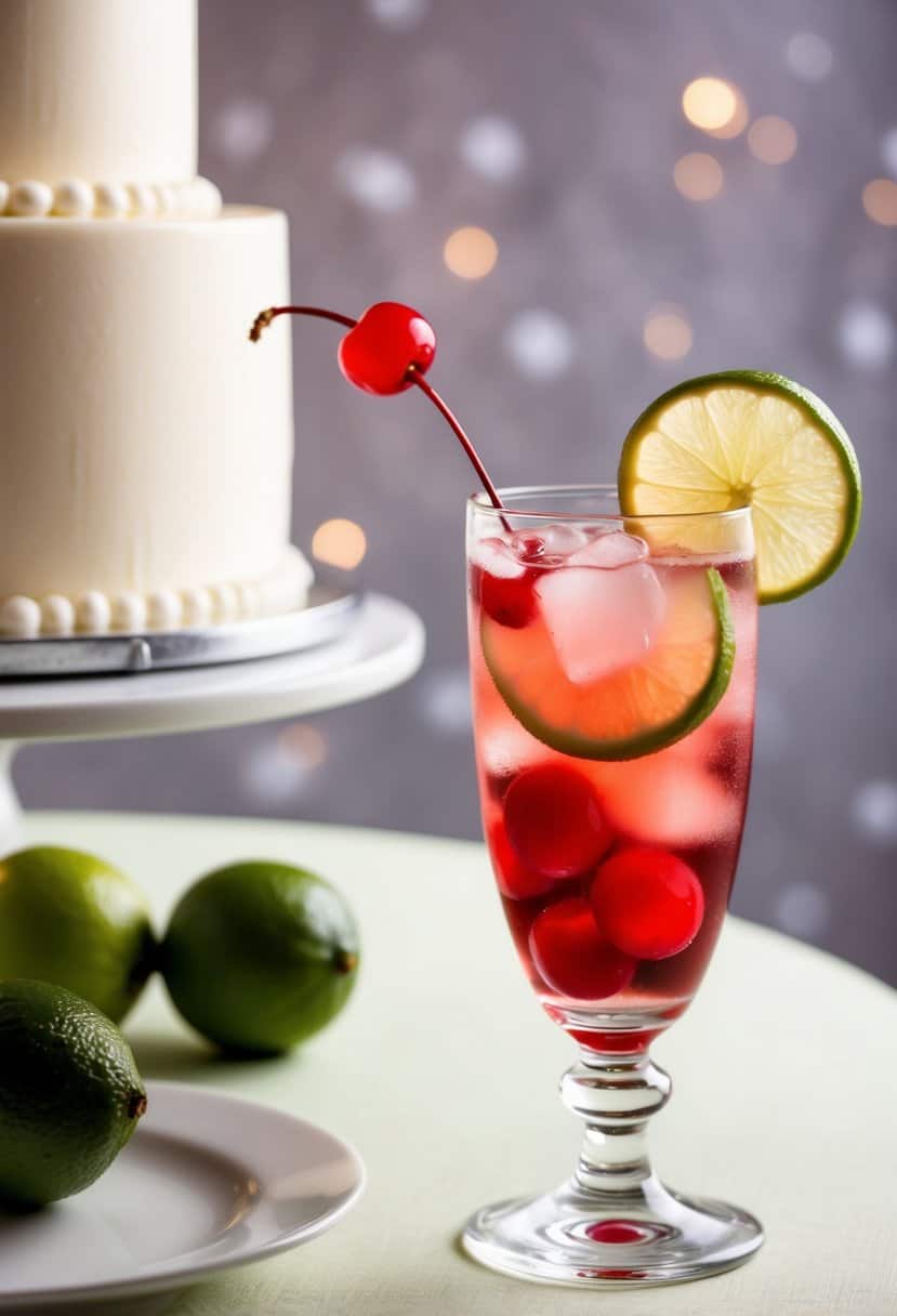 A glass filled with cherry limeade, garnished with a fresh lime slice and a maraschino cherry, sitting on a table next to a wedding cake