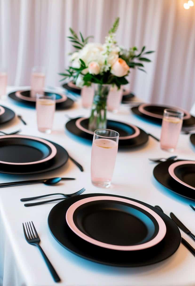Matte black dinner plates with light pink accents arranged on a table for a wedding reception