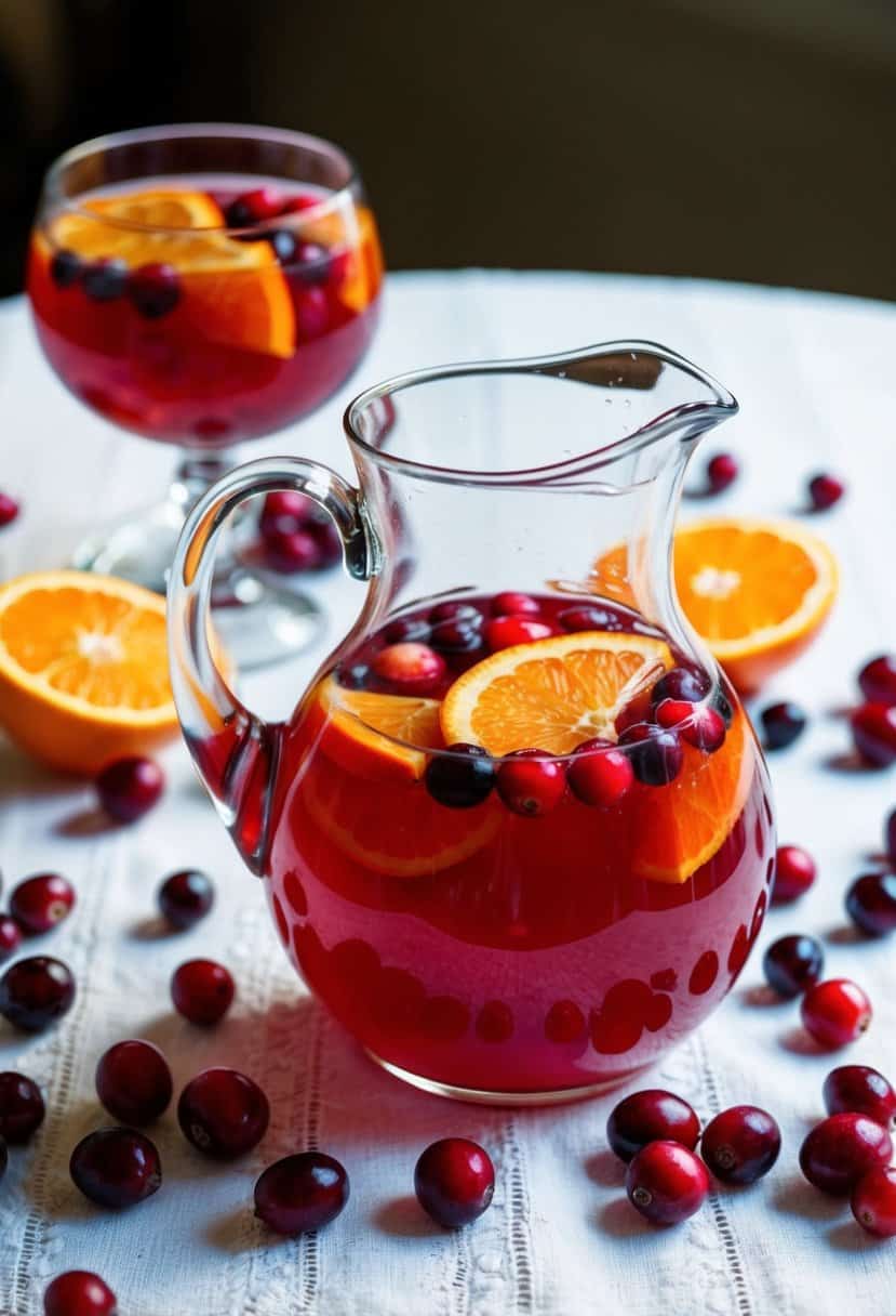 A glass pitcher filled with cranberry orange punch surrounded by fresh cranberries and orange slices on a white tablecloth