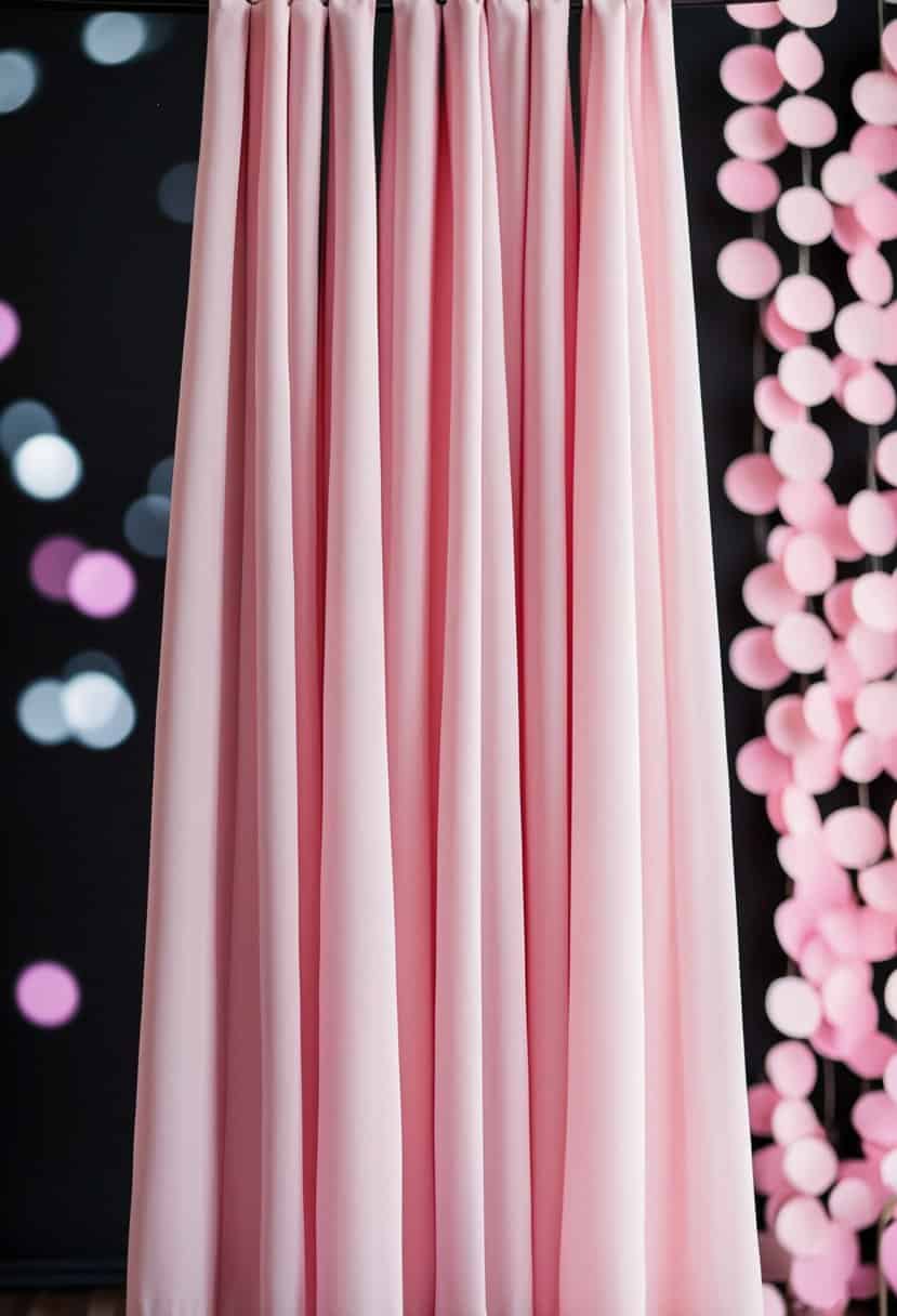 Light pink chiffon drapes cascading against a backdrop of black and light pink wedding color ideas
