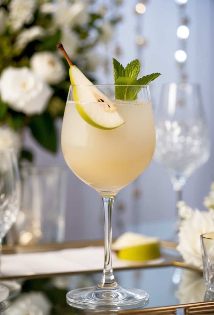 A glass filled with a pear and vanilla-infused mocktail, garnished with a slice of fresh pear and a sprig of mint, set against a backdrop of elegant wedding decor