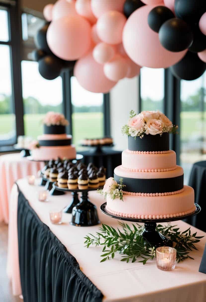 A dessert table adorned with black and light pink decor for a wedding