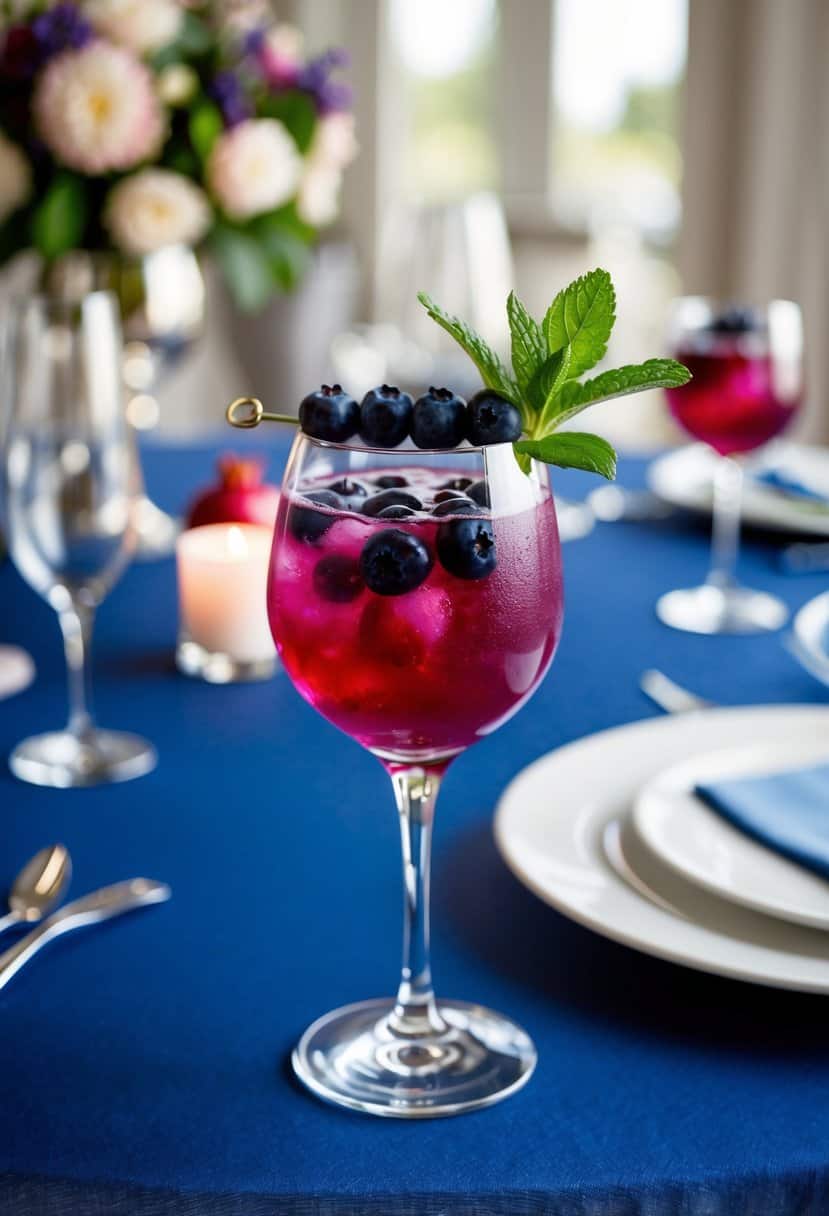 A glass filled with a vibrant blueberry pomegranate fizz mocktail, garnished with fresh blueberries and a sprig of mint, set on a table with elegant wedding decor in the background