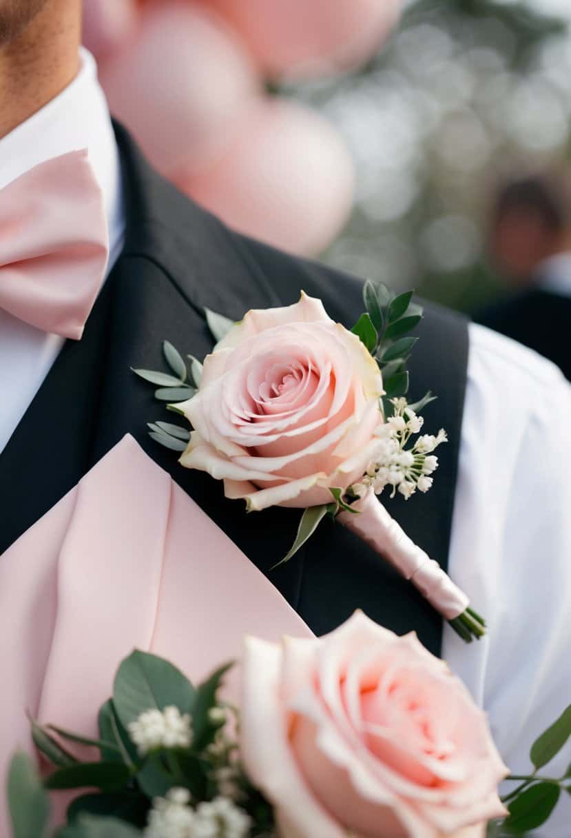 A pale pink rose boutonniere pinned to a black lapel, surrounded by light pink and black wedding decor