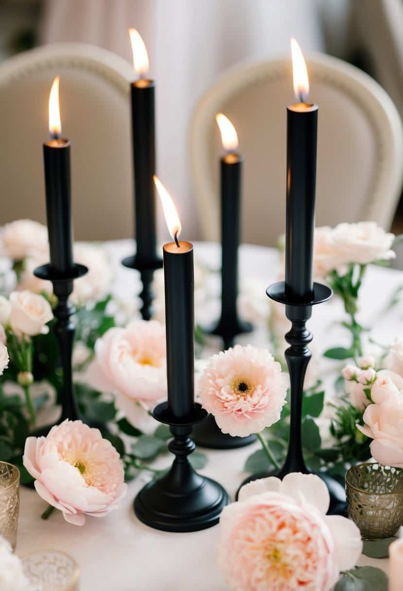 Black metal candle holders surrounded by light pink floral arrangements, creating a romantic and elegant wedding color scheme