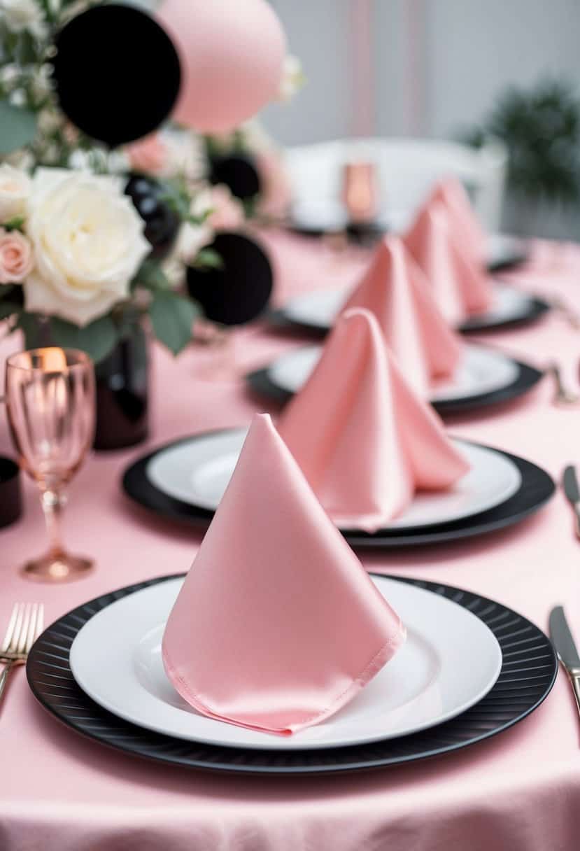 Light pink satin napkins arranged with black and light pink wedding decor