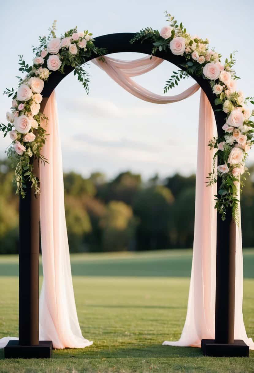 A black wedding arch adorned with light pink flowers and draping fabric