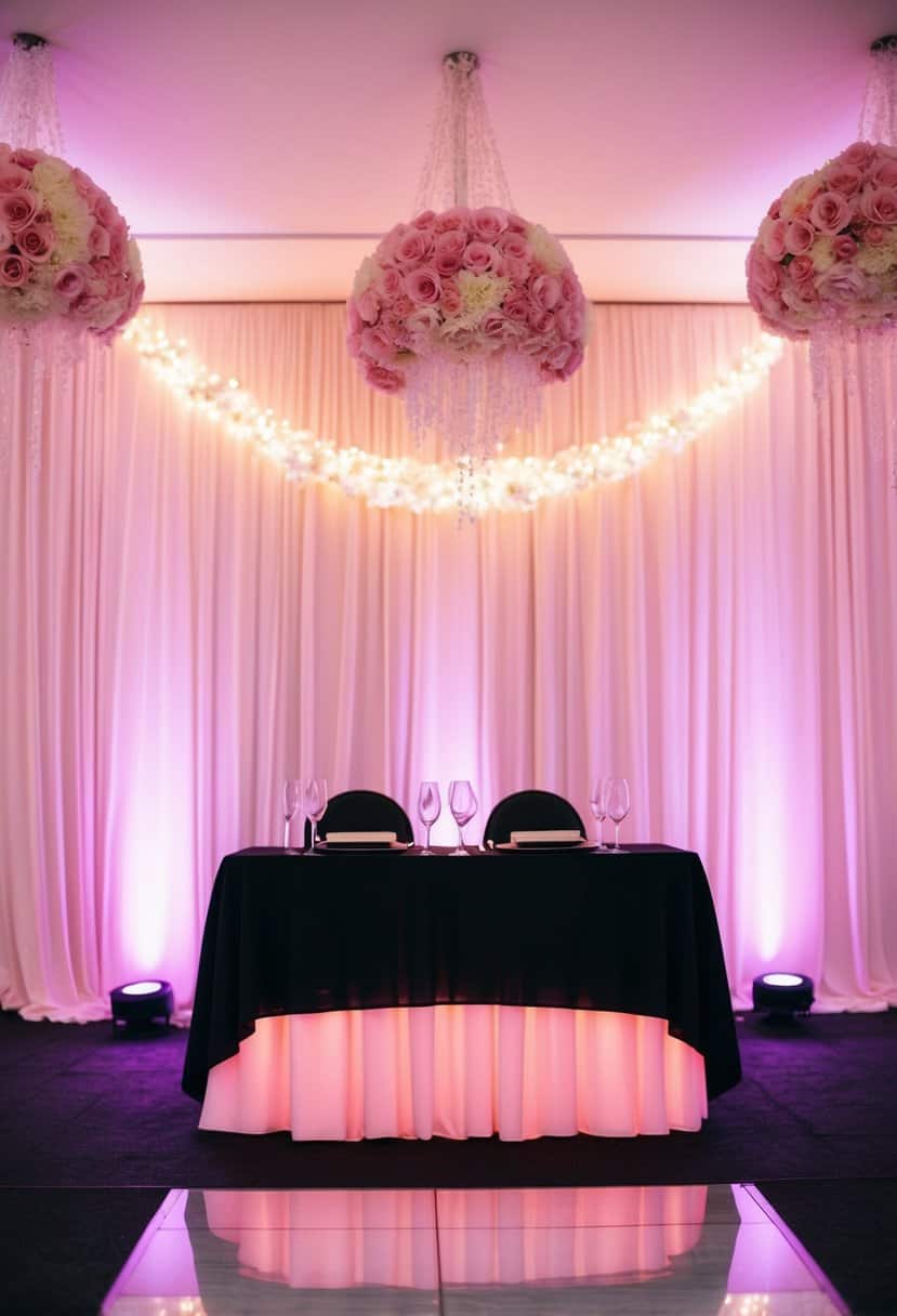 Soft pink uplighting illuminates a black and light pink wedding decor, casting a romantic and elegant ambiance