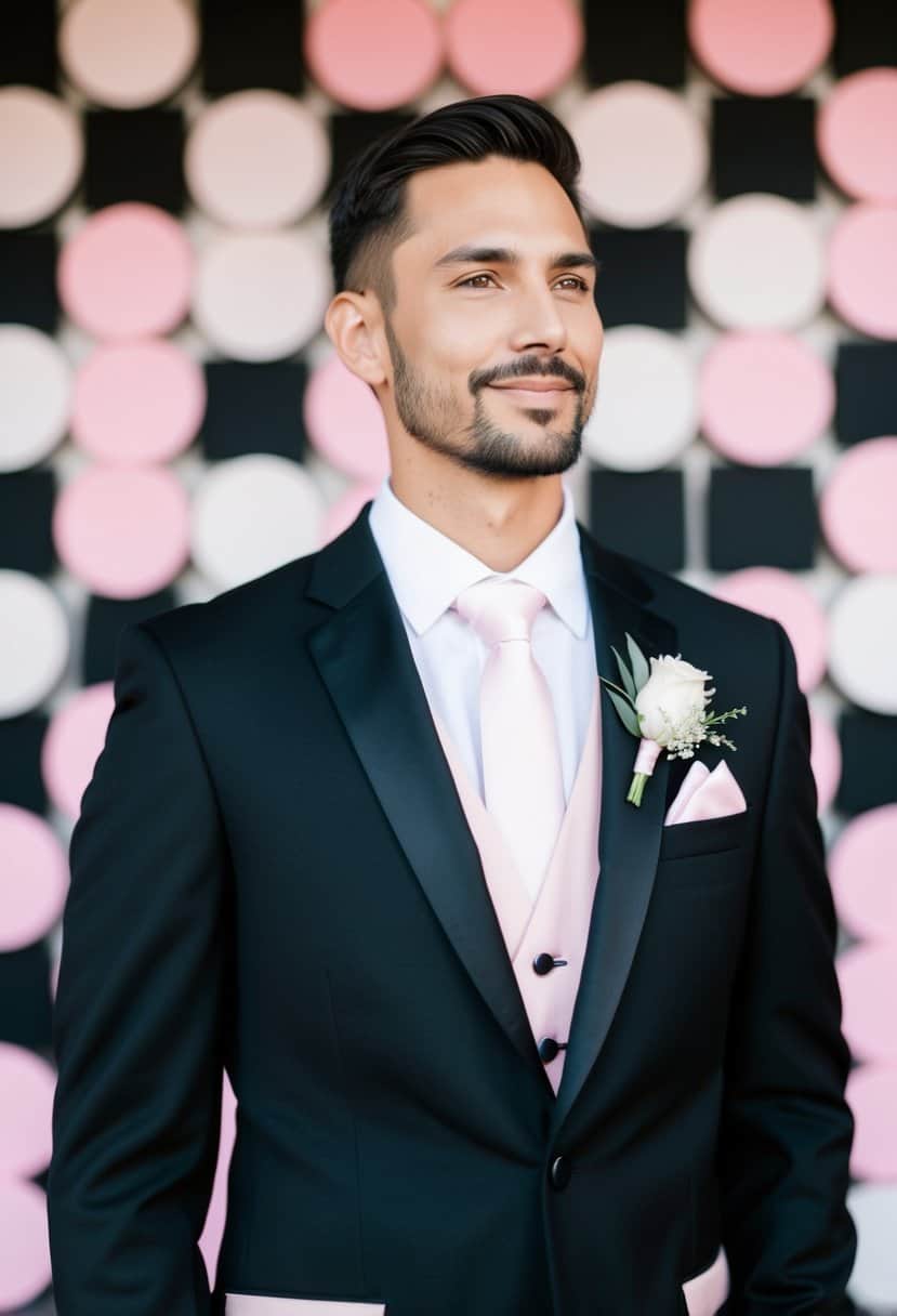 A black groom's suit with light pink accents, set against a black and light pink wedding color scheme