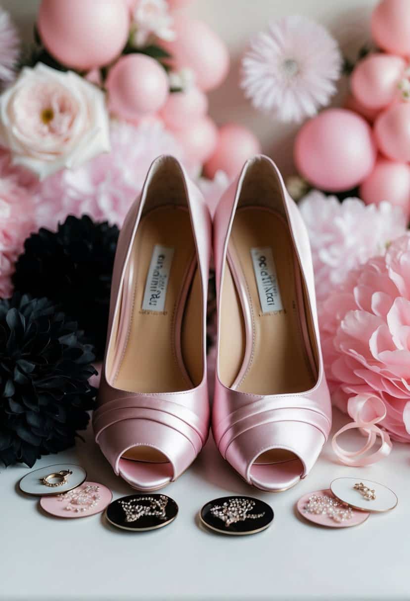 Powder pink bridal shoes surrounded by black and light pink wedding decor