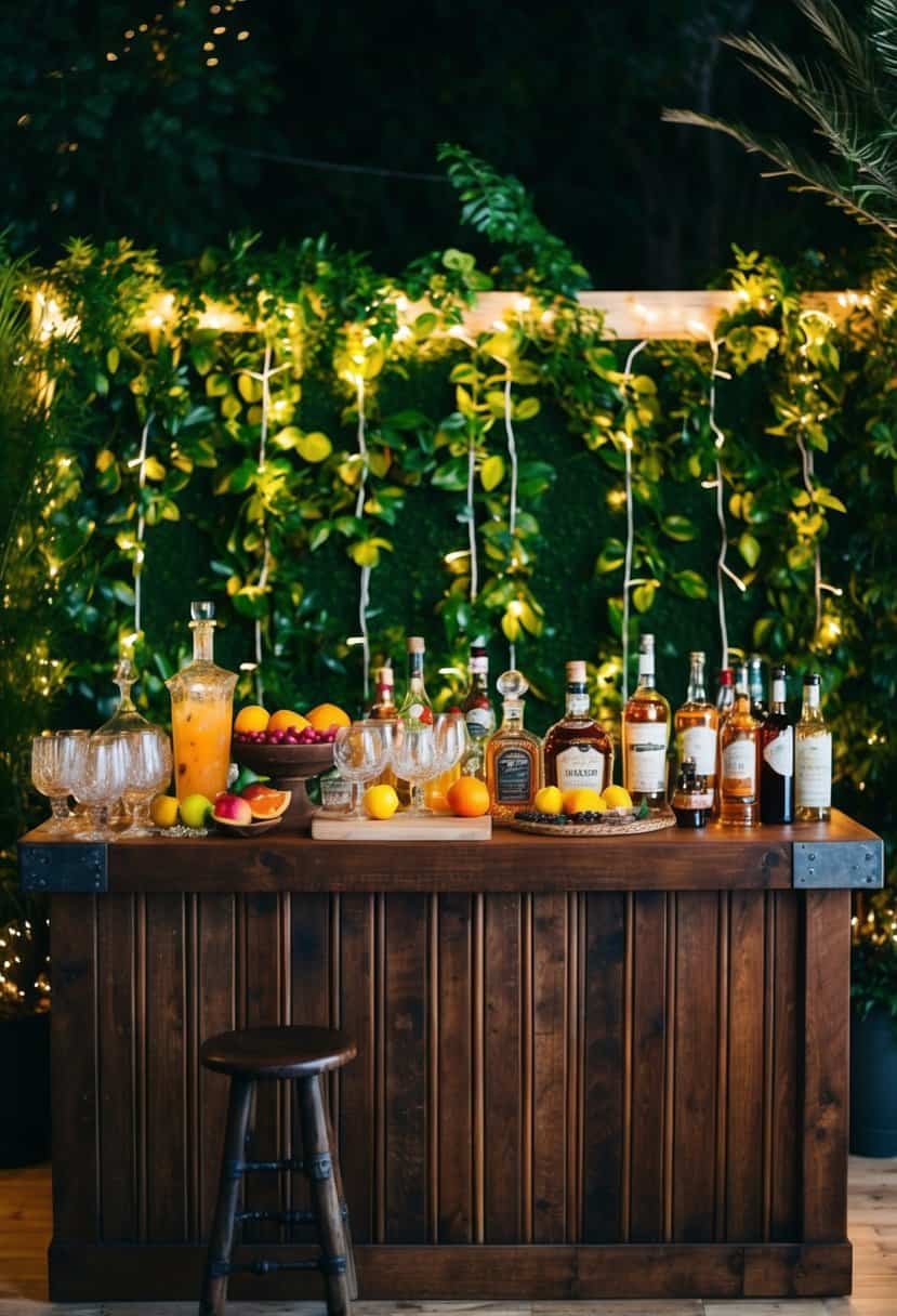 A rustic wooden bar adorned with vintage glassware, fresh fruits, and assorted liquors, set against a backdrop of twinkling fairy lights and lush greenery