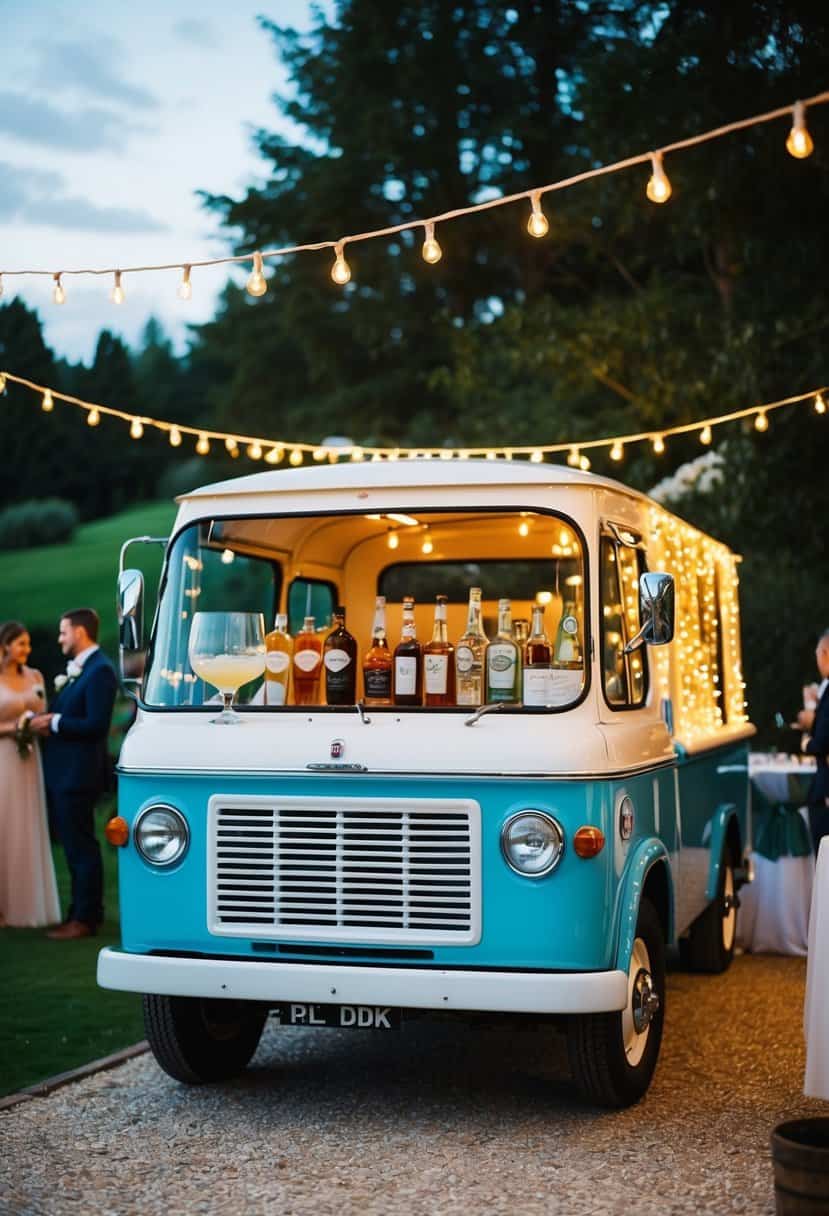 A vintage cocktail truck parked at a wedding venue, adorned with fairy lights and serving a variety of drinks to guests