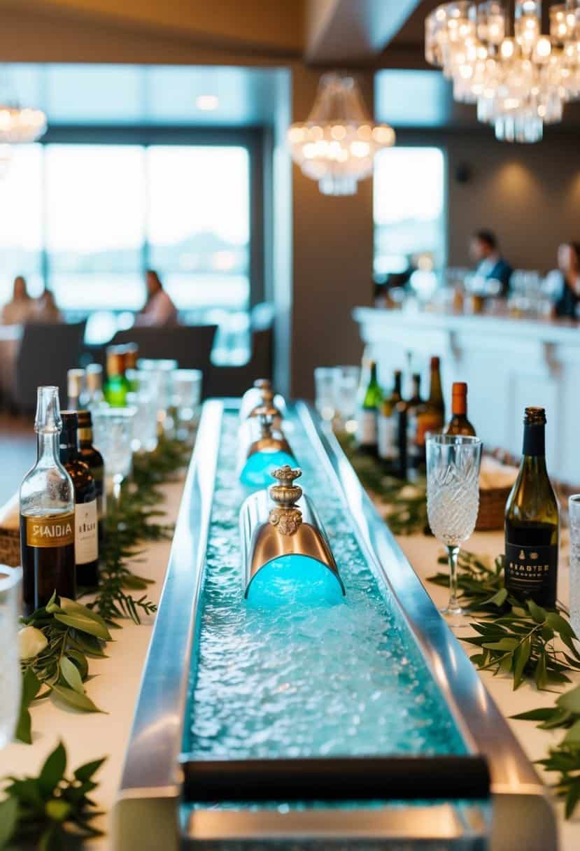 An elegant ice luge stands adorned with customizable wedding details, surrounded by an array of unique bar offerings