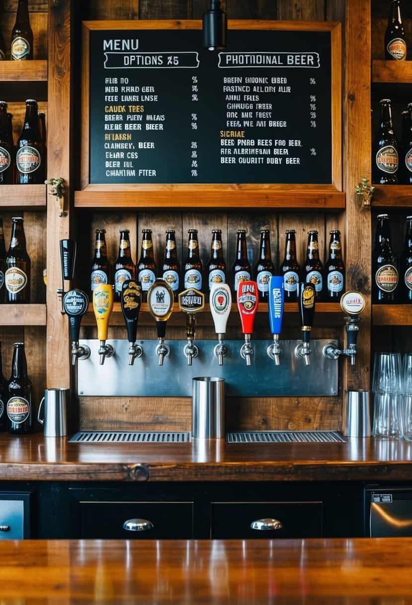 A rustic wooden bar with a variety of beer taps, surrounded by shelves of beer bottles and glasses. A chalkboard menu displays the beer options