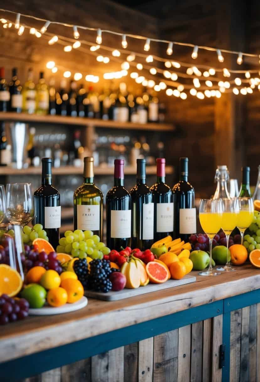 A colorful array of fruits, wine bottles, and glassware arranged on a rustic wooden bar with fairy lights overhead