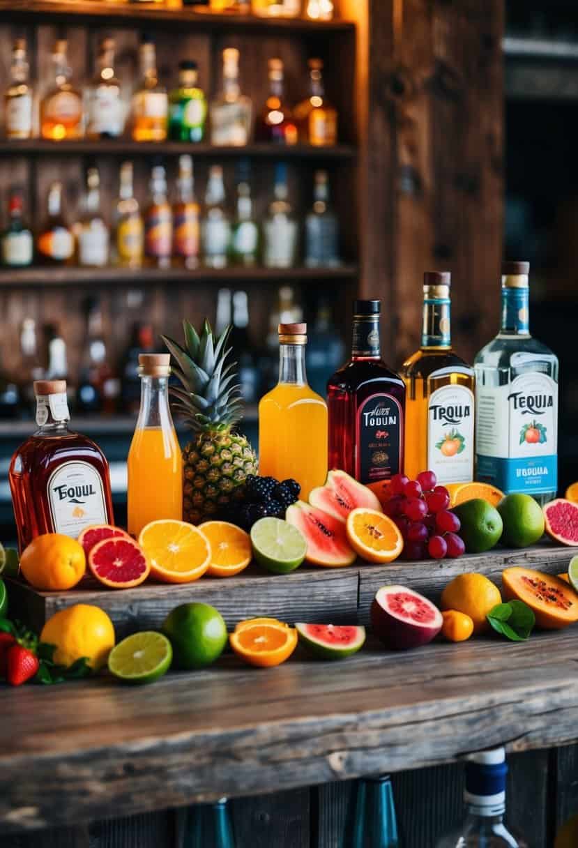 A colorful array of fresh fruits, various flavored syrups, and an assortment of tequila and mixers displayed on a rustic wooden bar