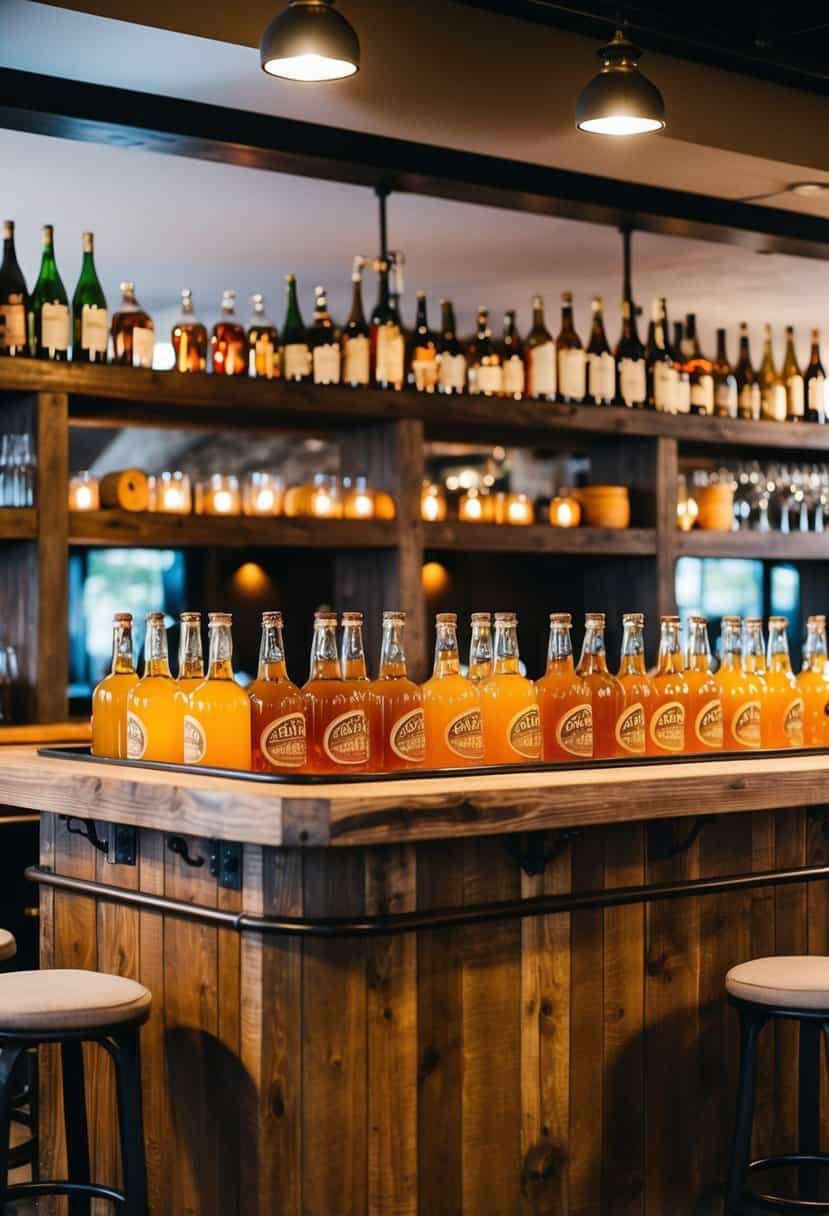 A rustic wooden bar adorned with an array of cider bottles and barrels, surrounded by cozy seating and warm lighting