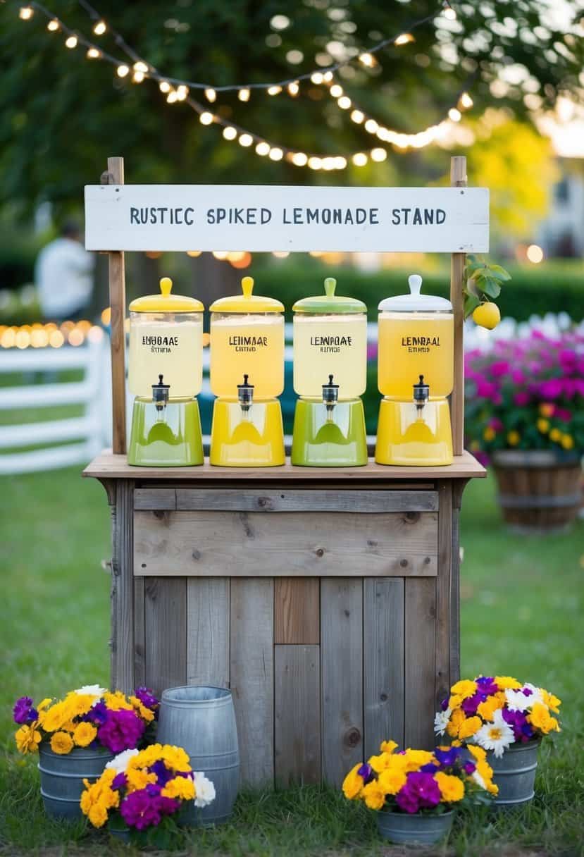 A rustic wooden lemonade stand with spiked lemonade dispensers, surrounded by colorful flowers and twinkling lights