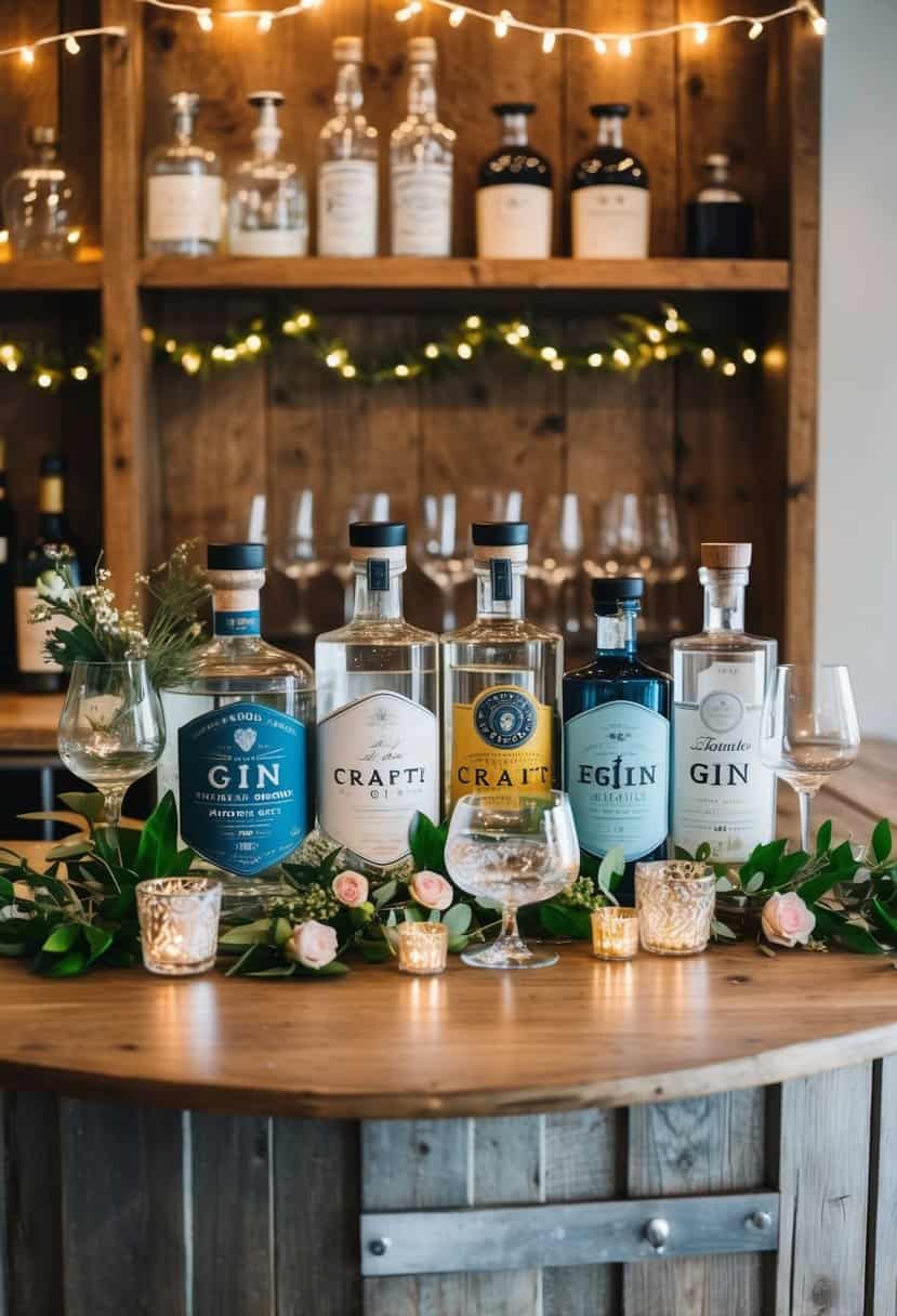 A rustic wooden bar adorned with various craft gin bottles, fresh botanicals, and elegant glassware. Twinkling fairy lights and floral accents add a romantic touch