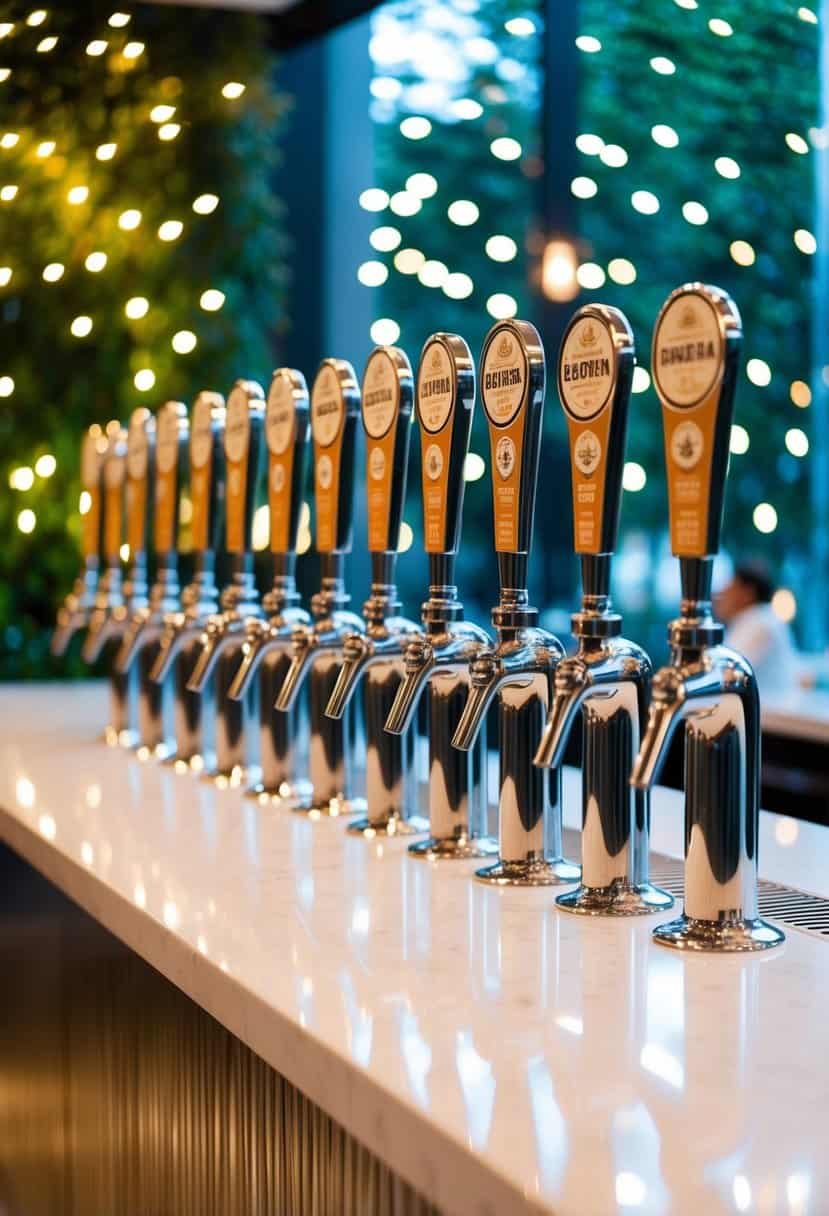 A sleek, modern bar with rows of gleaming kombucha taps, set against a backdrop of lush greenery and twinkling fairy lights