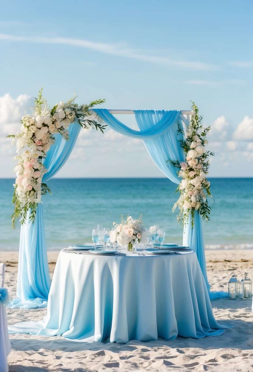 A serene beach wedding with powder blue and silver blue decor, featuring flowing fabrics, delicate flowers, and shimmering table settings