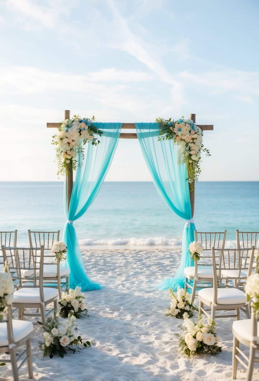 A serene beach wedding with Tiffany blue and white decor, featuring a flowing canopy, elegant chairs, and delicate floral arrangements