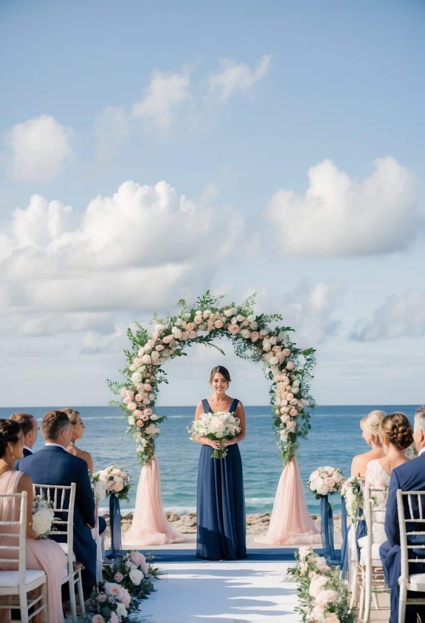 A coastal wedding with navy and blush blue decor, featuring a seaside ceremony, floral arch, and elegant table settings by the ocean