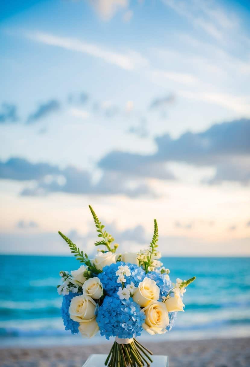 A serene beach wedding with cream blue flowers, a sky blue ocean, and a cream blue sunset