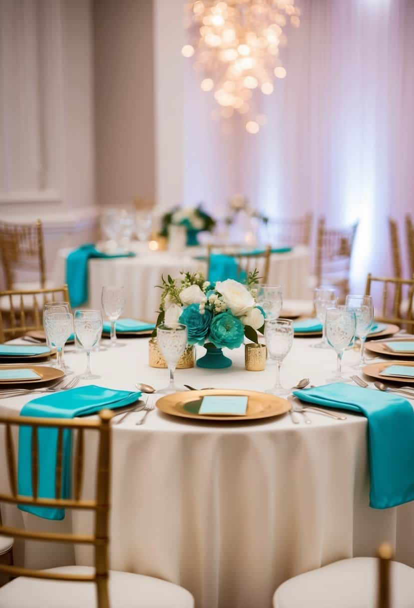 A luxurious wedding table set with turquoise and gold accents