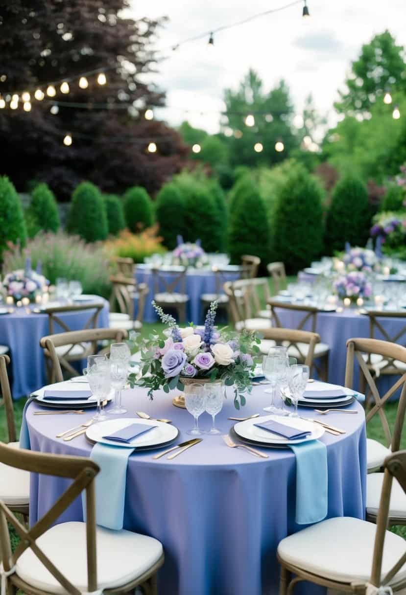 A periwinkle and lavender blue wedding color palette with floral arrangements and table settings in an outdoor garden setting