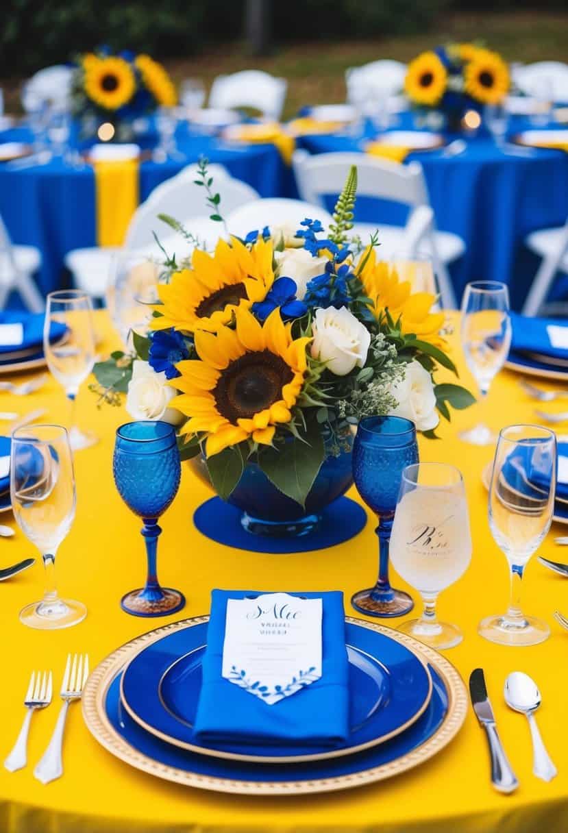 A cobalt blue and sunflower yellow wedding table set with floral centerpieces and matching place settings