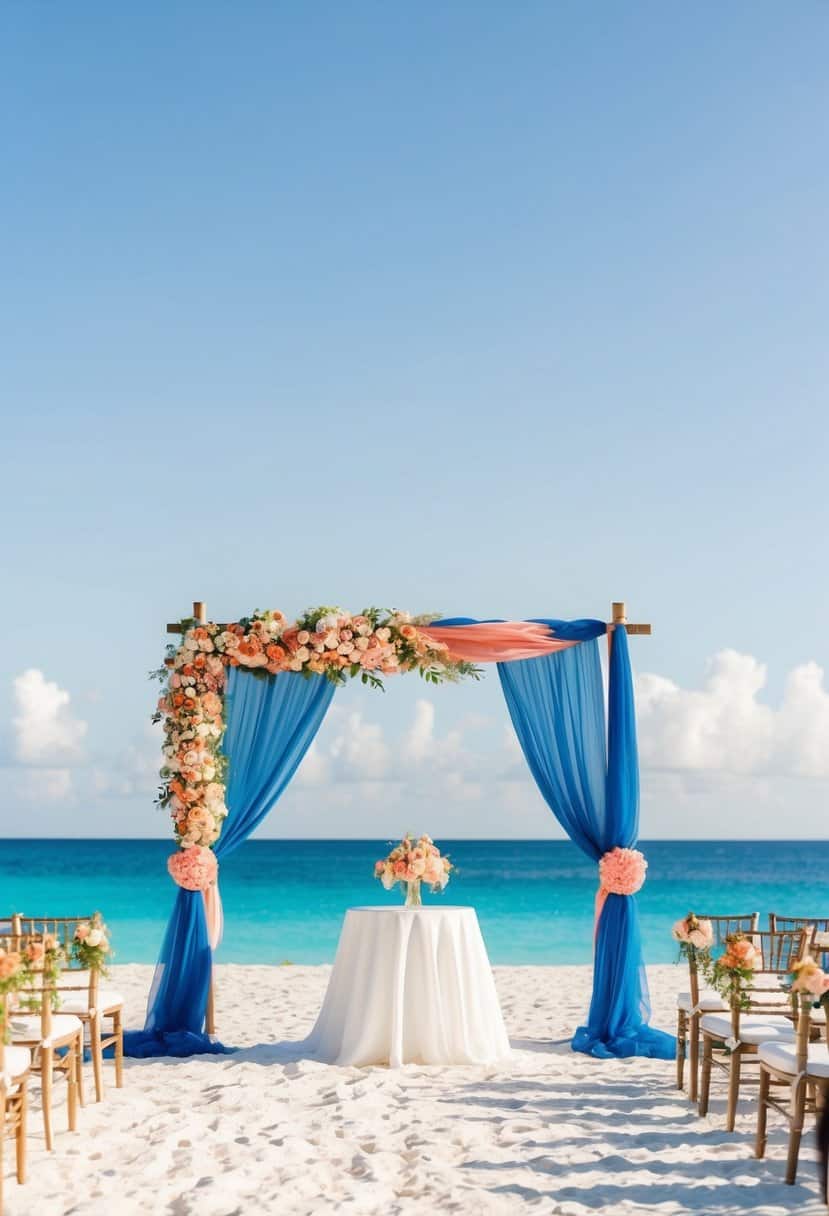 A serene beach wedding with sapphire blue and coral accents. White sand, clear blue water, and colorful floral decorations